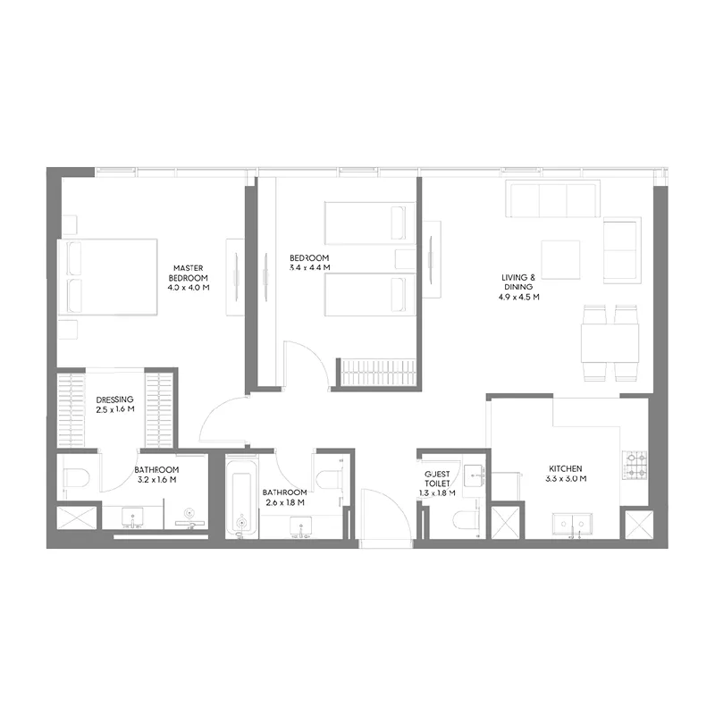 The Gate 5 2 bed floor plan, 1,072 – 1,077 sqft