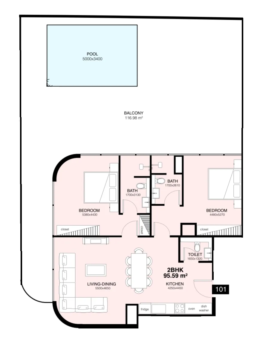 Villa Del Gavi 2 bed floor plan, 2,288 sqft