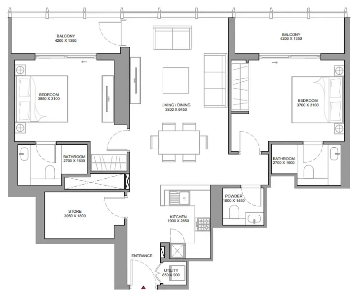 The Element at Sobha One 2 bed floor plan, 1,149 – 1,220 sqft