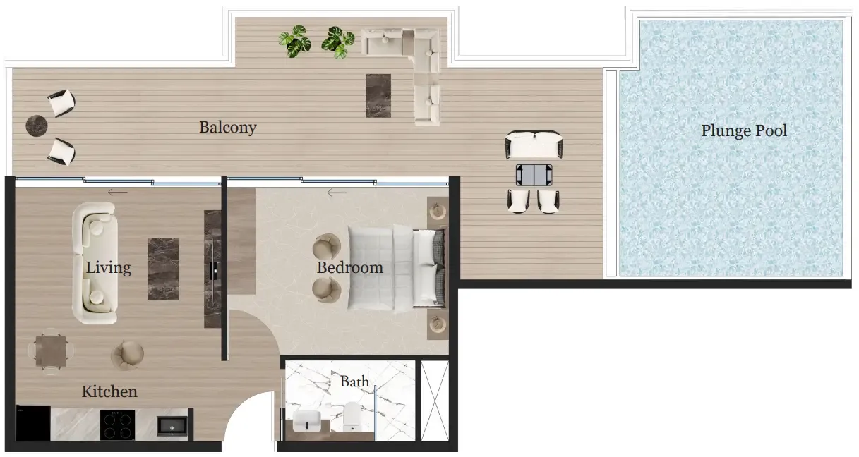 Rijas Suites 1 bed floor plan, 1,016 sqft