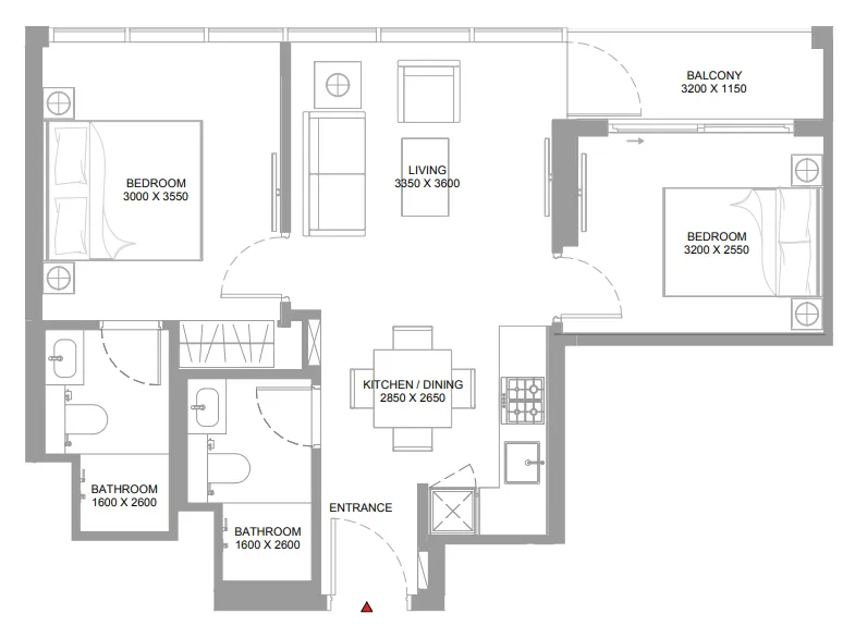 Bayfront Marina Residences 2 bed floor plan, 653 – 654 sqft
