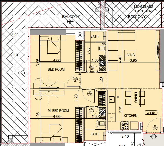 Binghatti Starlight 2 bed floor plan, 1,366 sqft