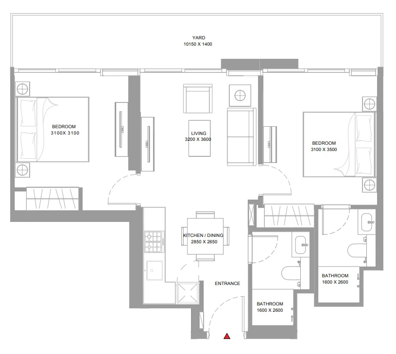 Bayside Marina Residences 2 bed floor plan, 824 – 826 sqft