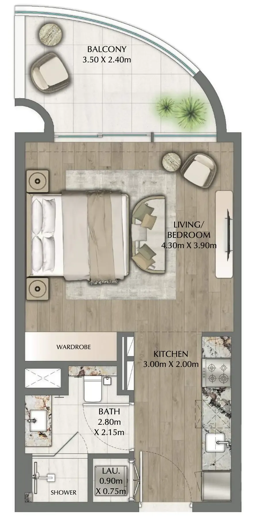 One Residence Studio floor plan, 470 sqft