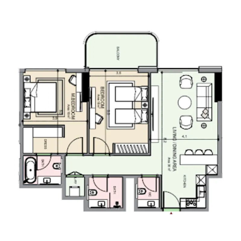 Edgewater Residences 1, 2 and 3 2 bed floor plan, 1,128 sqft