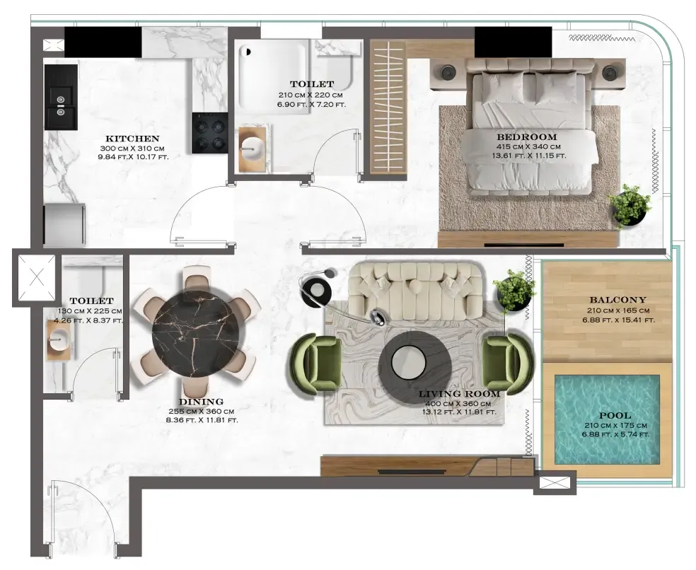 Lazord by Lapis Phases 1 and 2 1 bed floor plan, 832 sqft