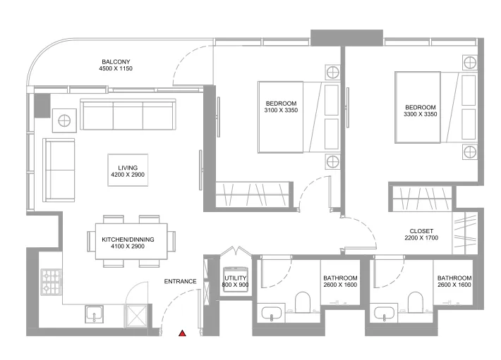 Coastline Beach Residences 2 bed floor plan, 864 sqft