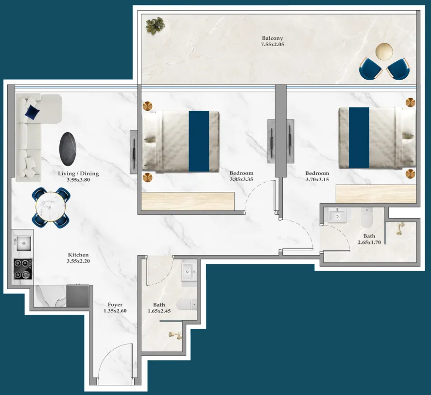Timez 2 bed floor plan, 841 sqft