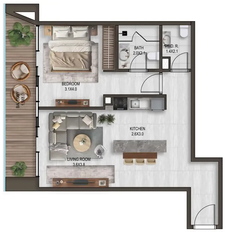 Noore 1 bed floor plan, 865 – 869 sqft