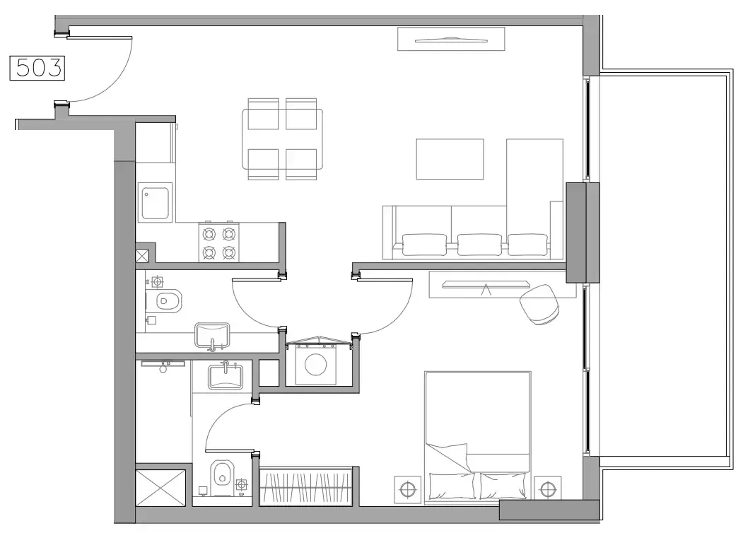 Trevino 1 bed floor plan, 692 sqft