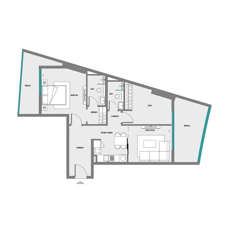 Green Field 1 bed floor plan, 901 – 994 sqft