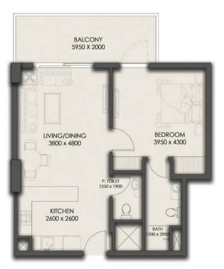Park Residency 1 bed floor plan, 717 sqft
