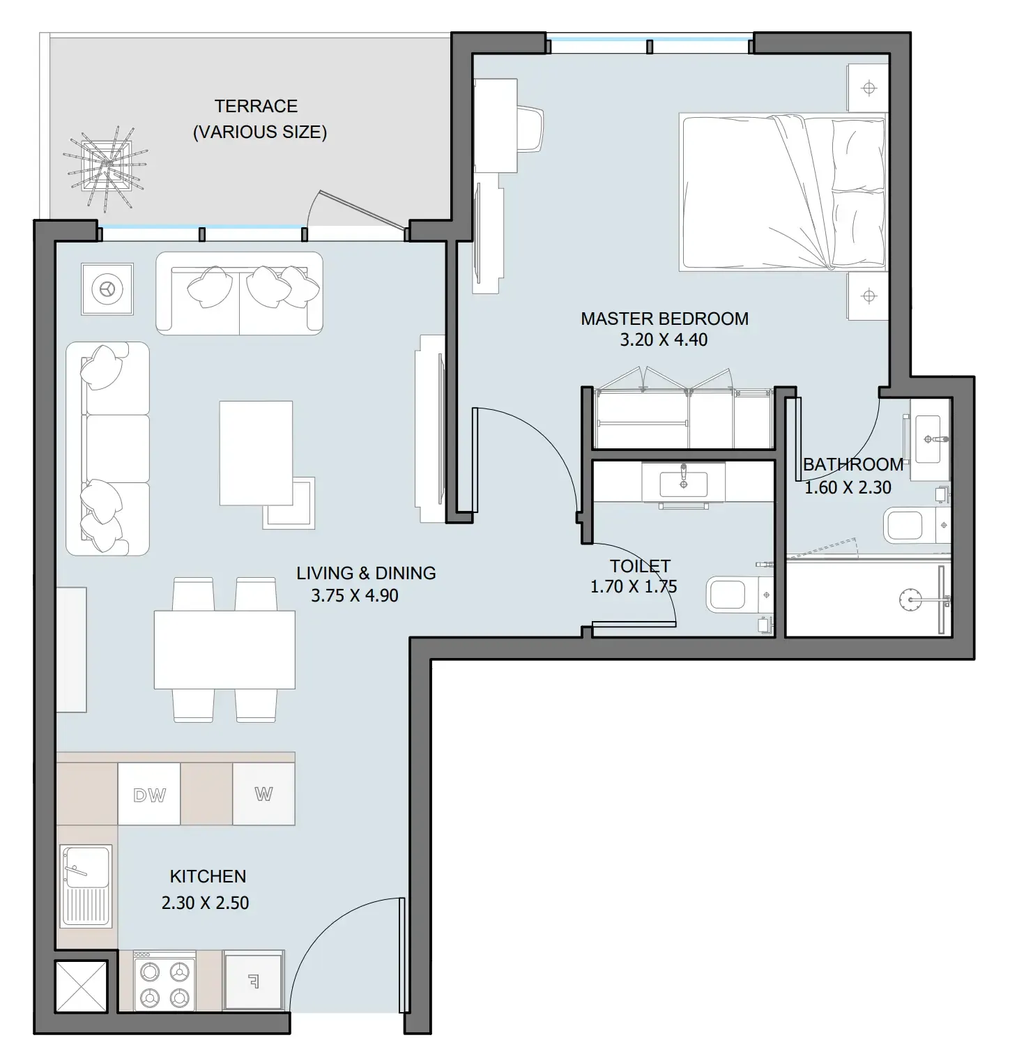 The District 1 bed floor plan, 683 sqft
