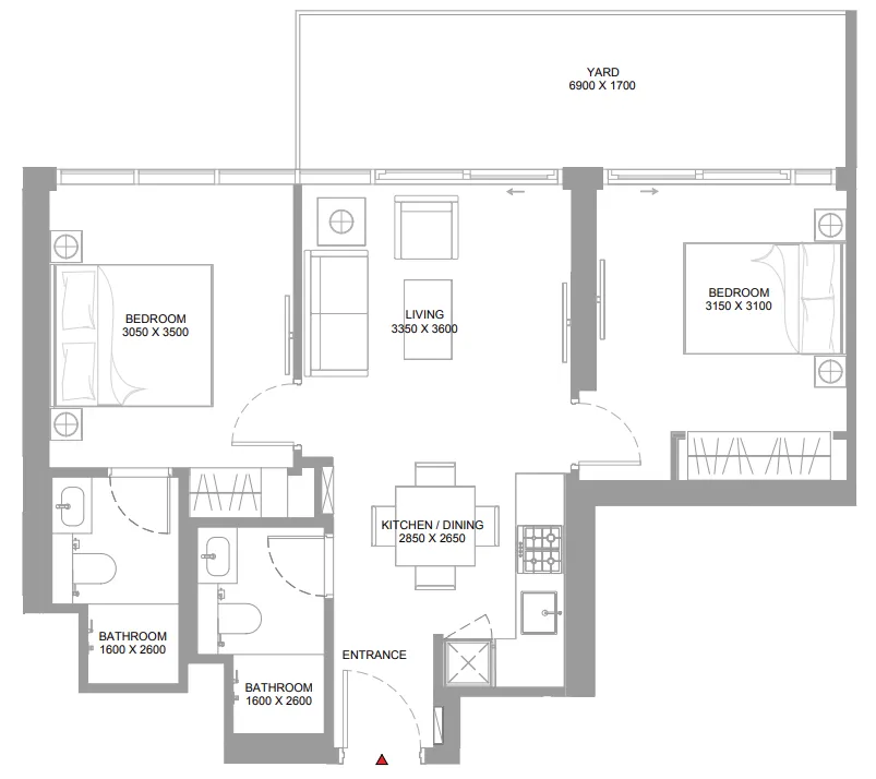Canalside Marina Residences 2 bed floor plan, 806 – 807 sqft