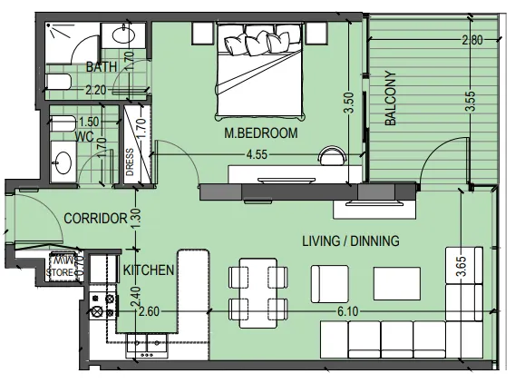 Celia Gardens 1 bed floor plan, 789 sqft