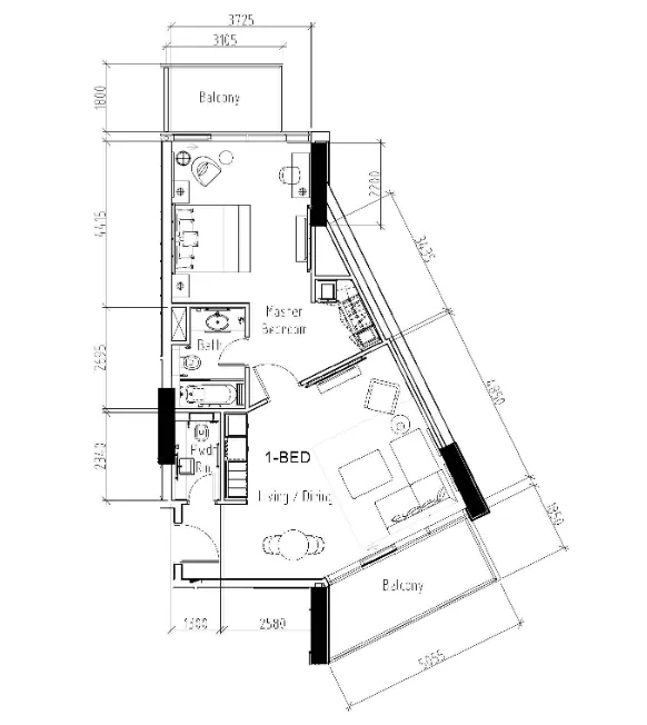 Damac Hills - Radisson Dubai 1 bed floor plan, 901 sqft