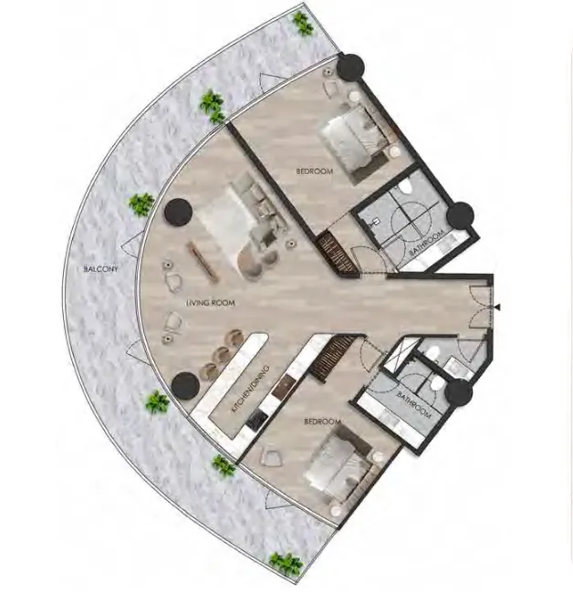 The Beach Residence 2 bed floor plan, 2,215 sqft