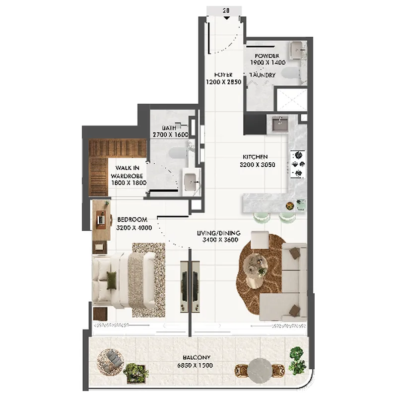 Eira Residence 1 bed floor plan, 718 sqft