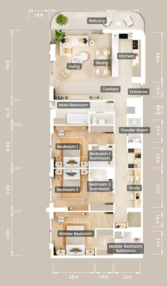 The Beach House Fahid 3 bed floor plan, 1,959 – 1,970 sqft