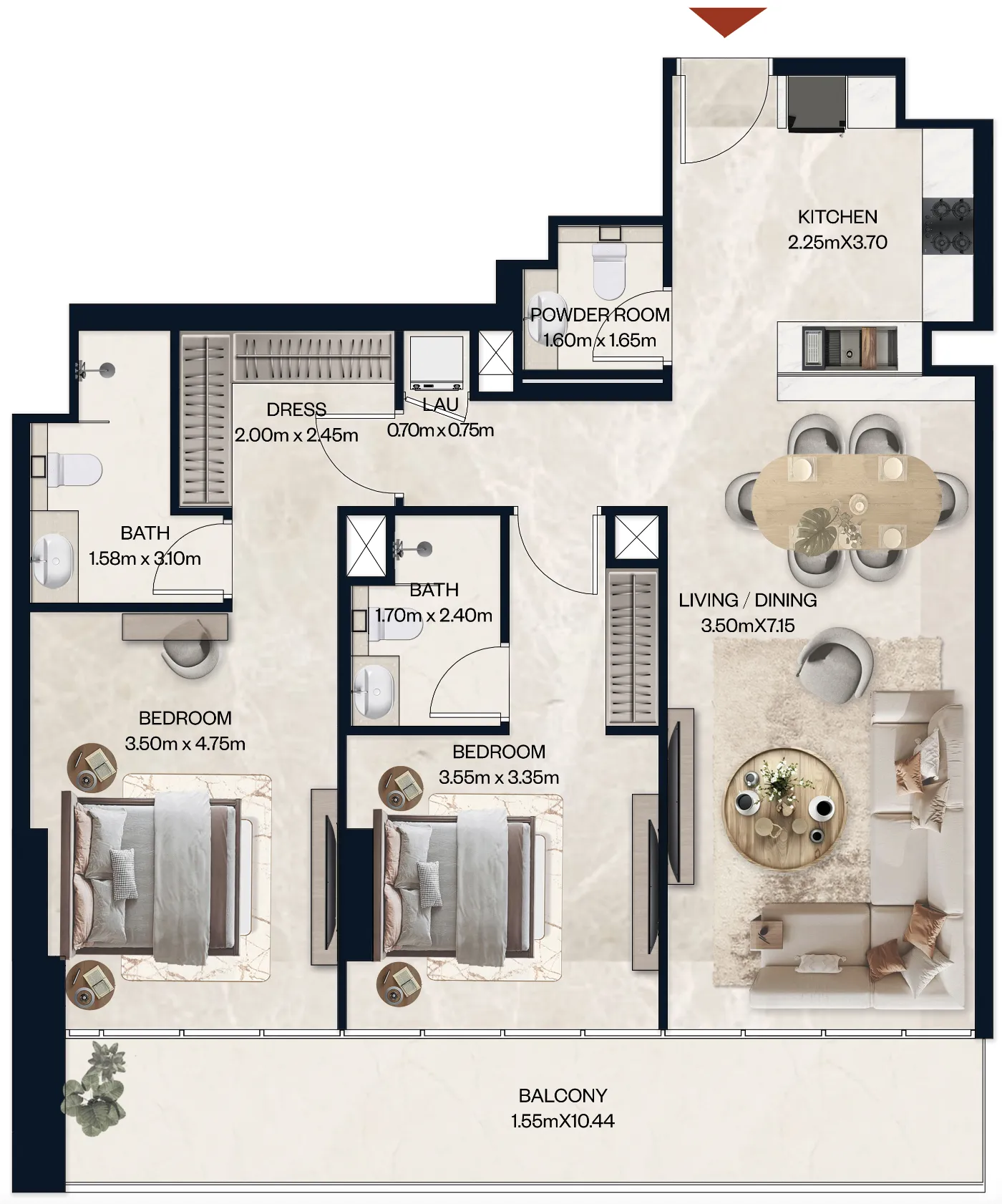 Norah Residence 2 bed floor plan, 1,252 sqft