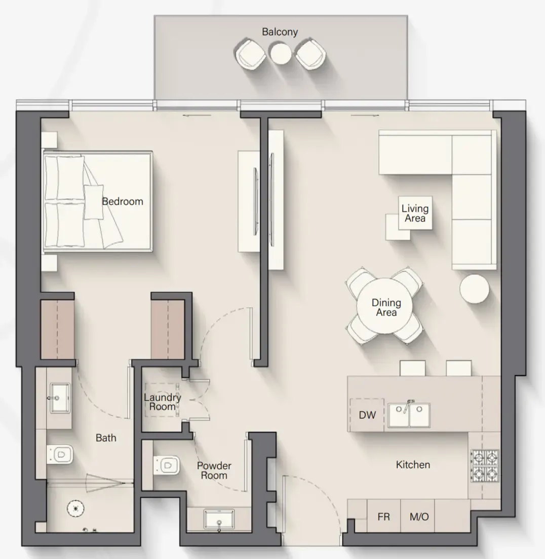 Riverton House 1 bed floor plan, 784 sqft