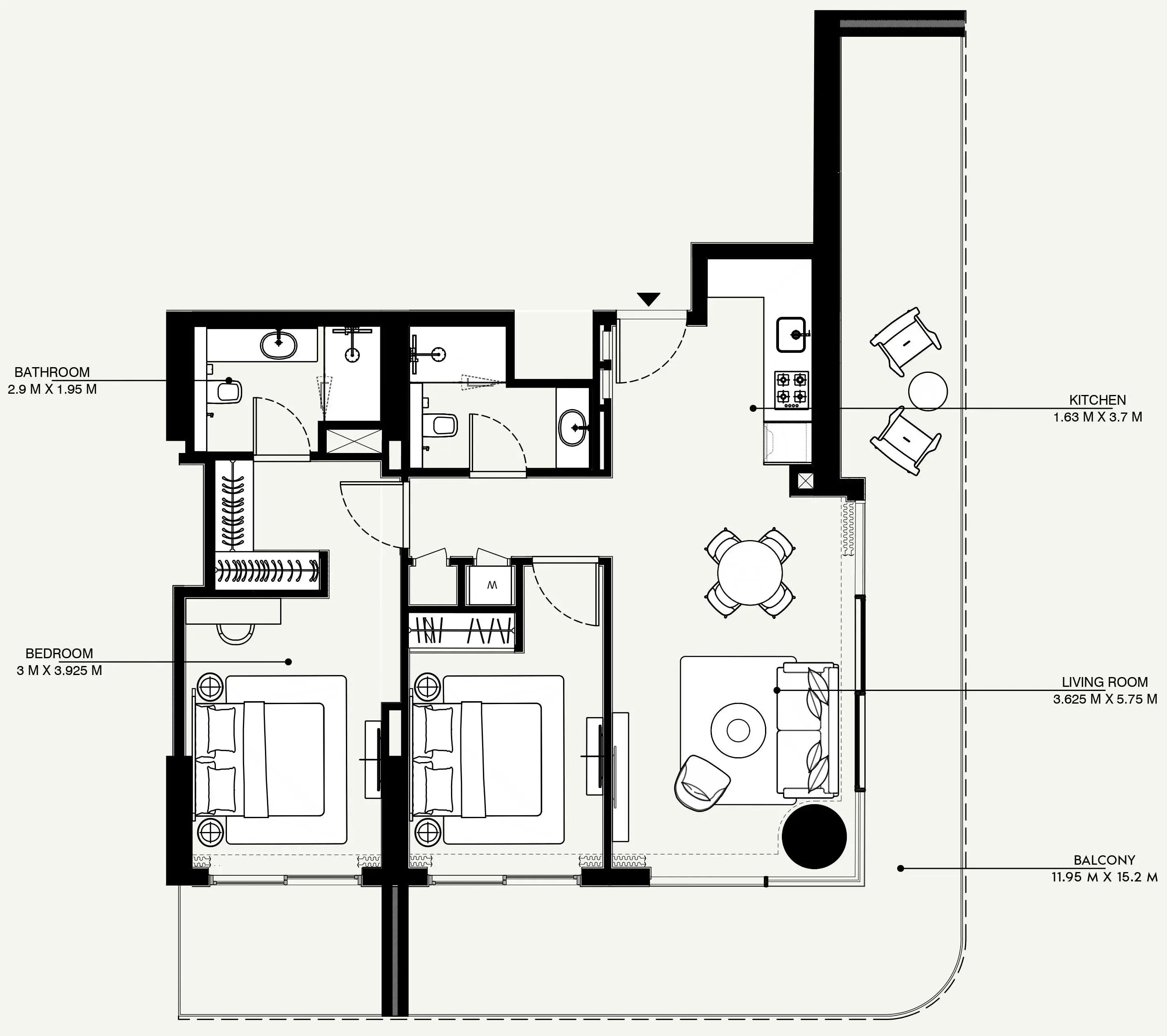 Azizi Venice 2 bed floor plan, 1,506 sqft