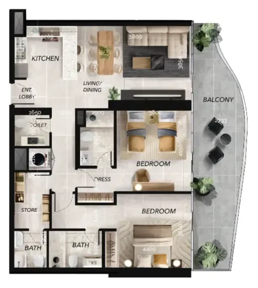 Radiant Waves 2 bed floor plan, 1,488 sqft