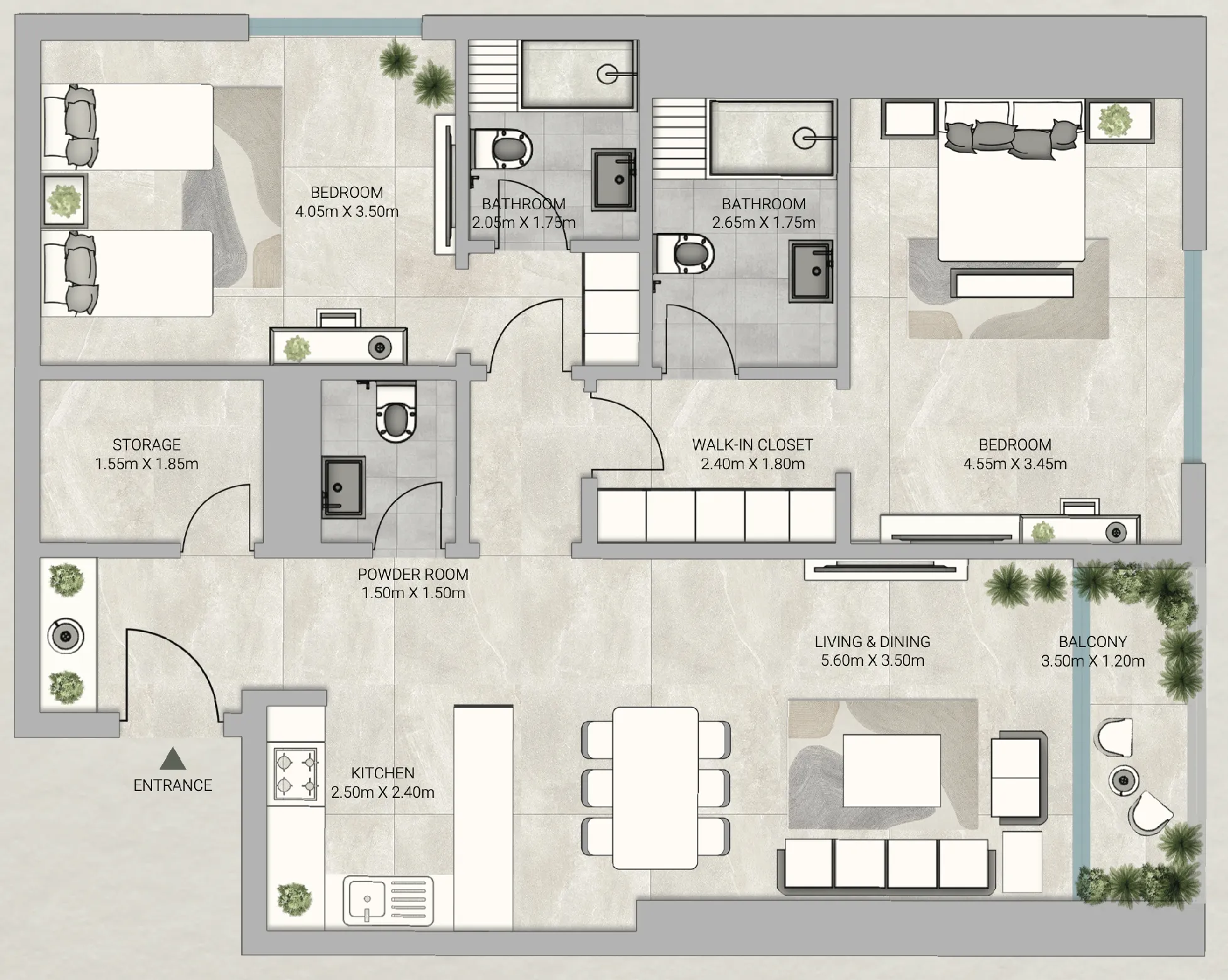 Sky Gardens Tower 2 bed floor plan, 1,504 sqft