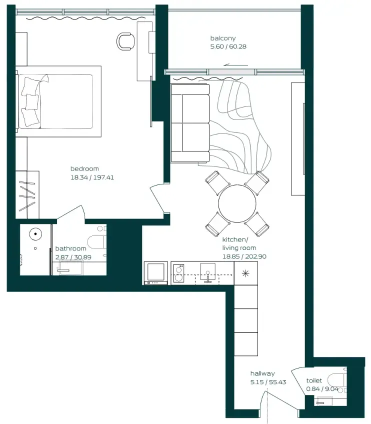Vibe 1 bed floor plan, 634 sqft