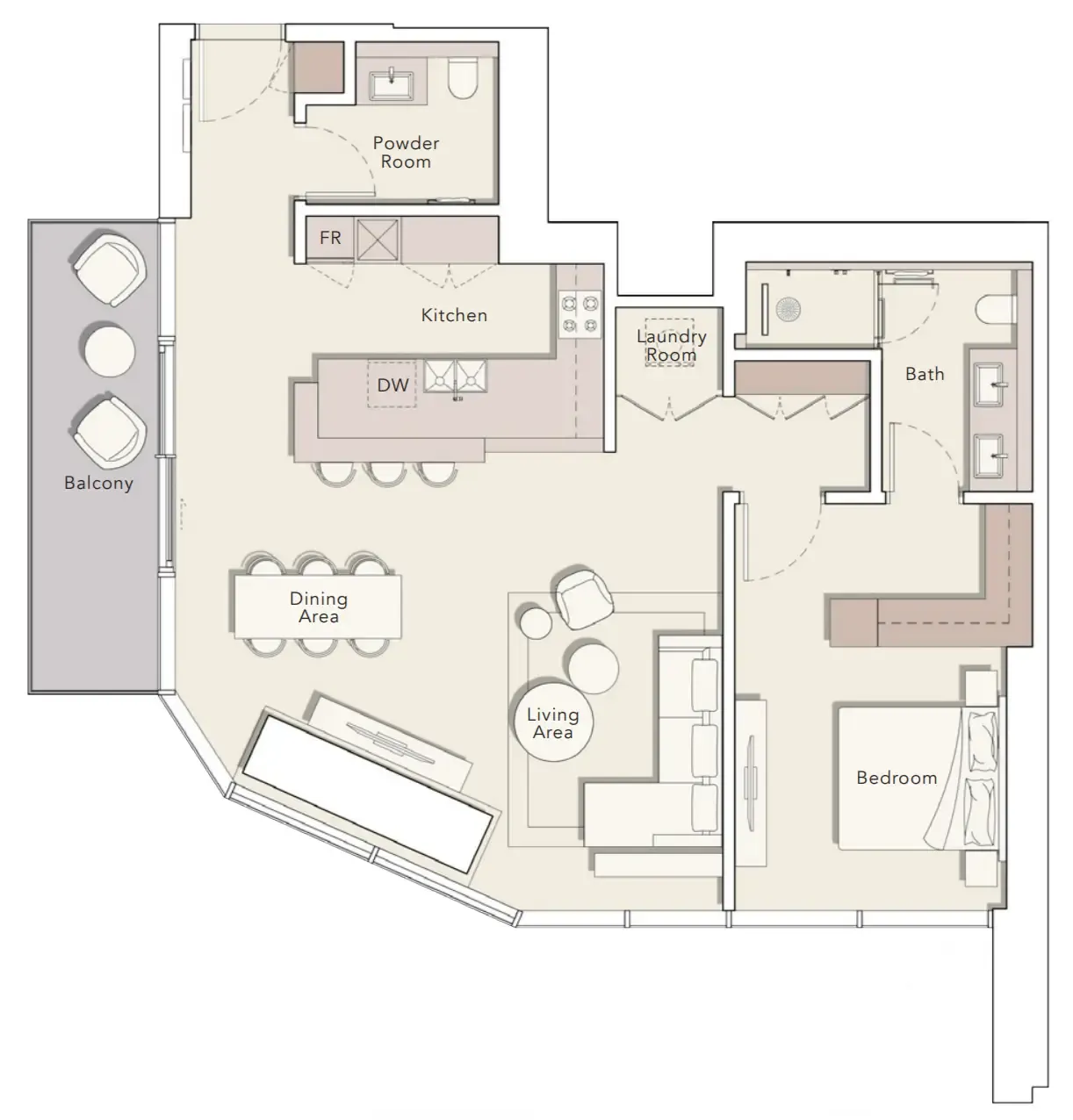 One River Point 1 bed floor plan, 1,200 sqft