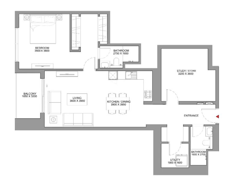 Skyscape 1 bed floor plan, 1,153 sqft