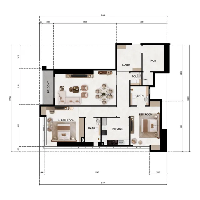 Lily Tower 2 bed floor plan, 1,417 sqft