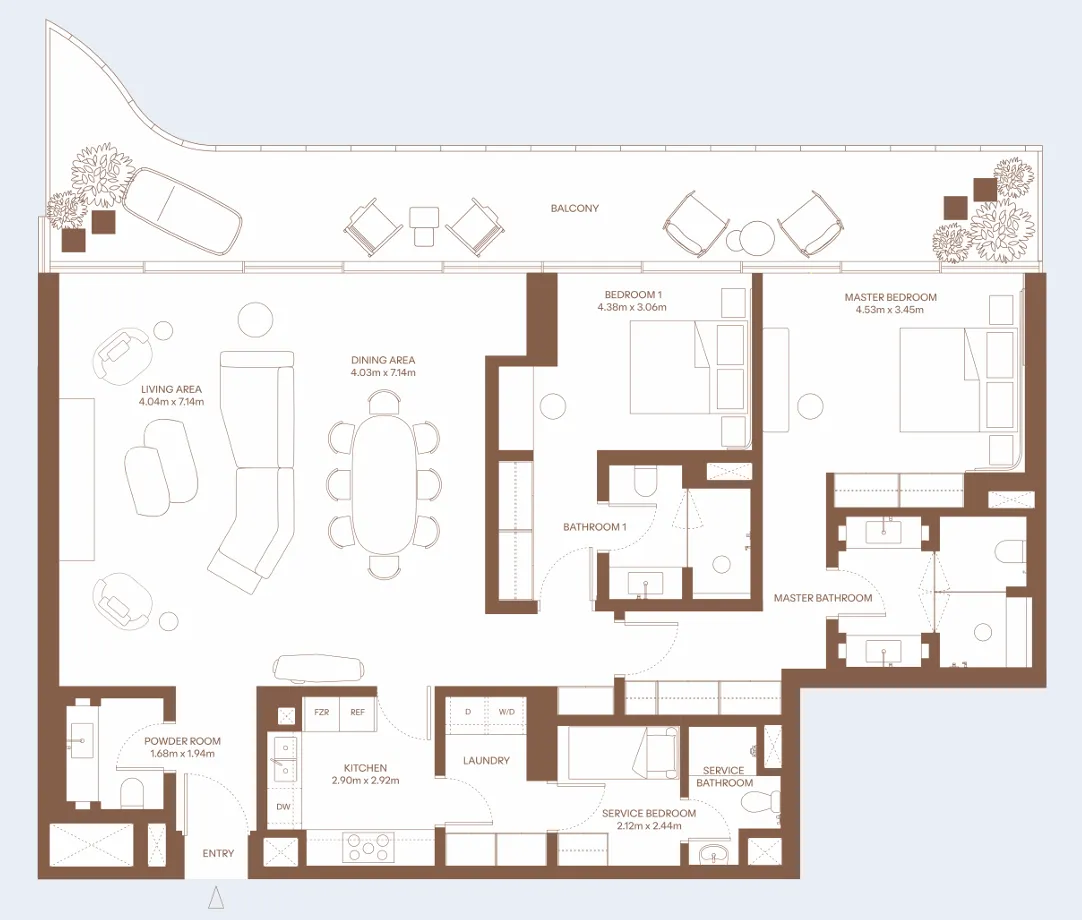 Dubai Harbour Residence 2 bed floor plan, 2,103 – 2,128 sqft