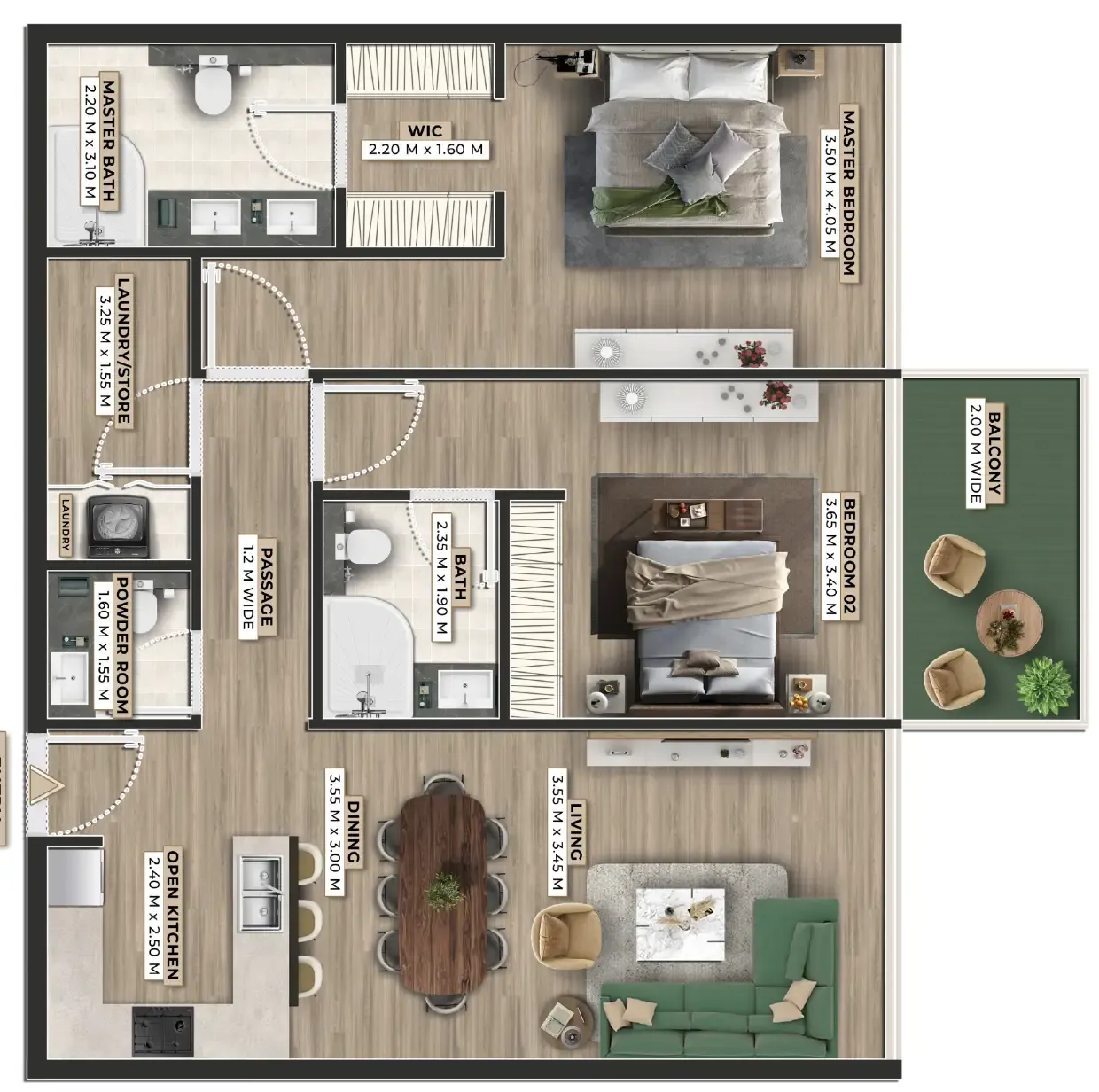 Firoza 2 bed floor plan, 1,195 sqft