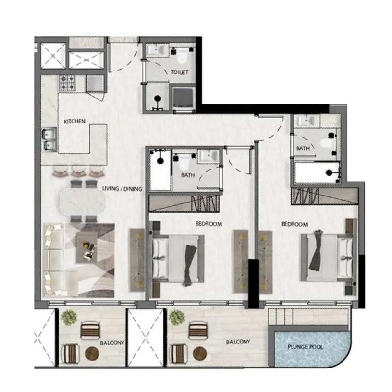 Avana Residences 2 bed floor plan, 1,069 sqft