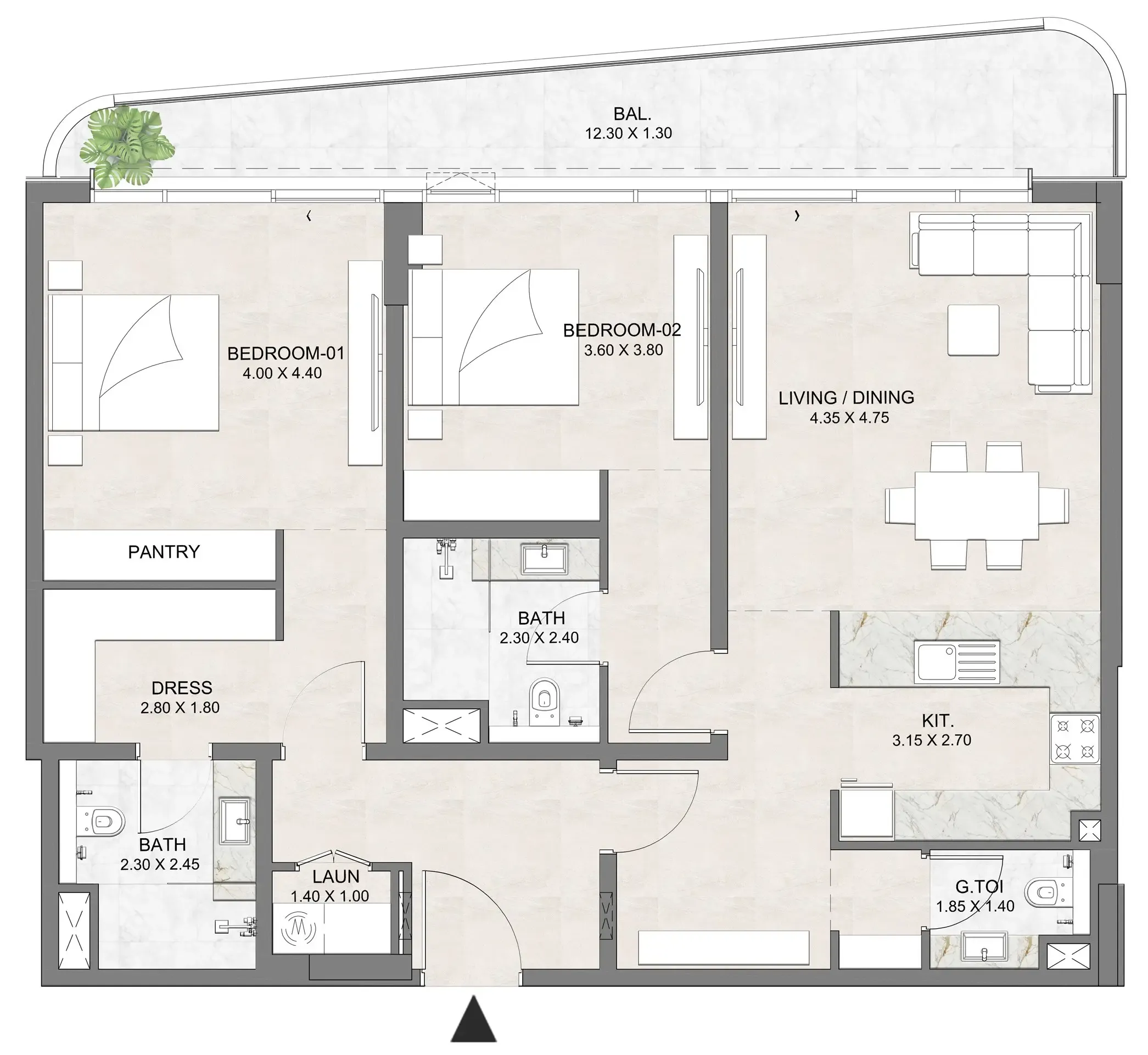 Luzora Residence 2 bed floor plan, 1,419 sqft