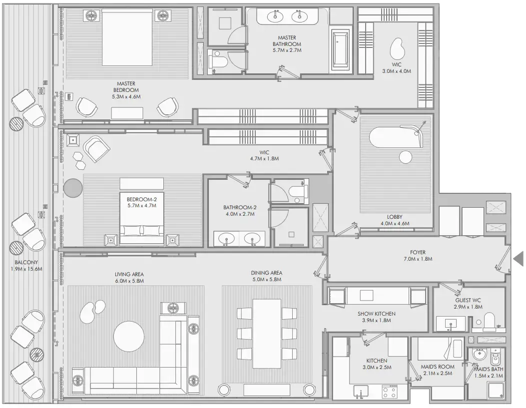 Armani Beach Residence 2 bed floor plan, 3,026 sqft