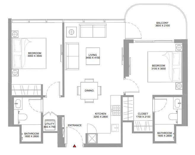 Pierside Marina Residences 2 bed floor plan, 808 sqft