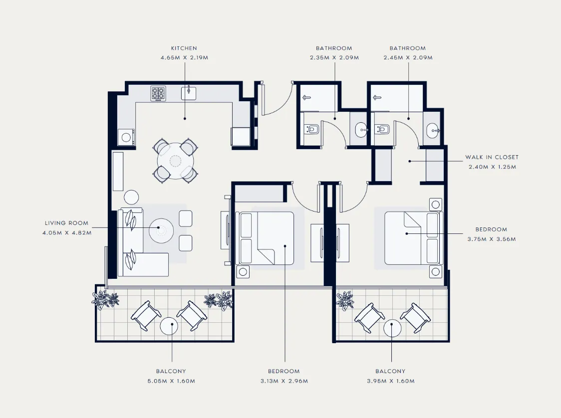 Azizi Venice 2 bed floor plan, 1,065 sqft