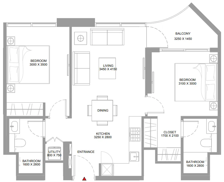 Pristine Beach Residences 2 bed floor plan, 785 sqft