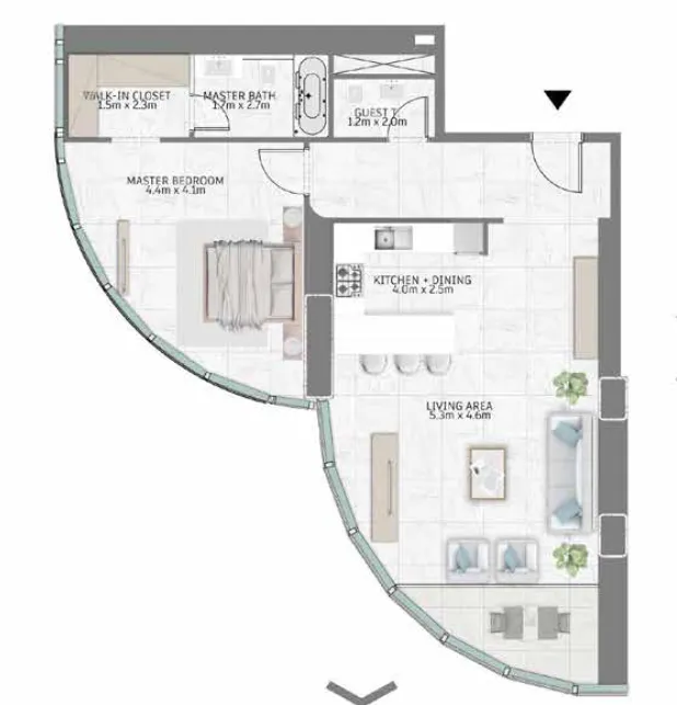 Al Habtoor Tower 1 bed floor plan, 1,156 sqft