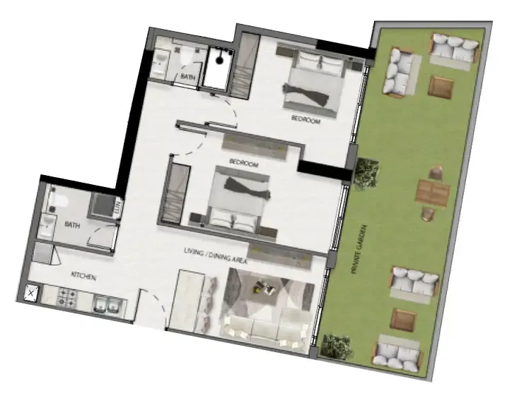 Avana Residences 2 bed floor plan, 1,069 – 1,134 sqft