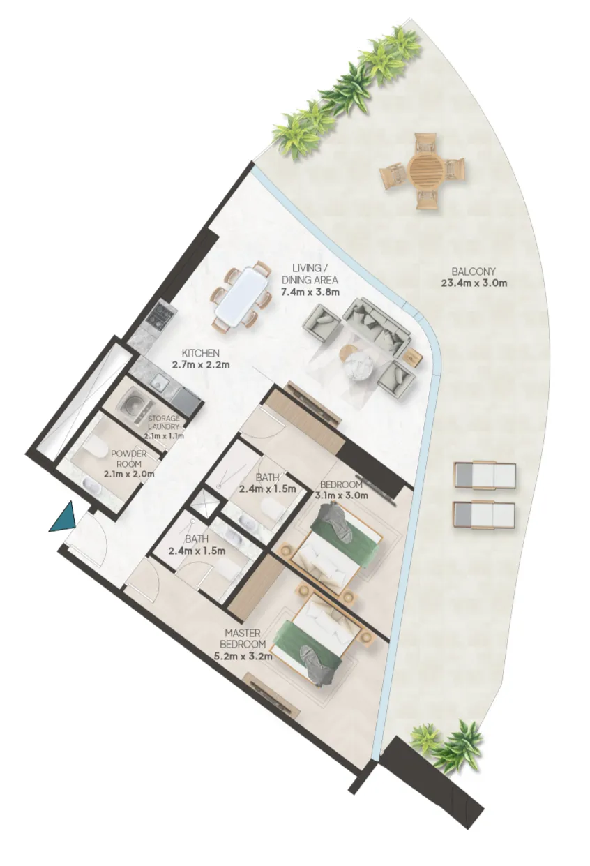 Oystra 2 bed floor plan, 2,429 sqft