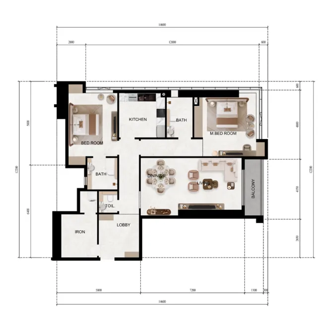 Lily Tower 2 bed floor plan, 1,415 sqft