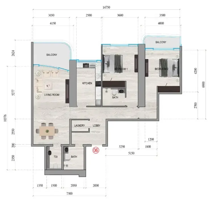 Al Ghaf Tower 2 bed floor plan, 1,476 sqft
