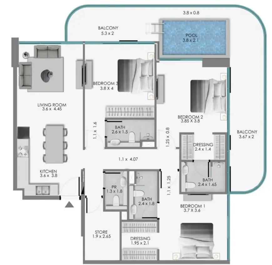 Samana Ocean Bay 3 bed floor plan, 1,737 sqft