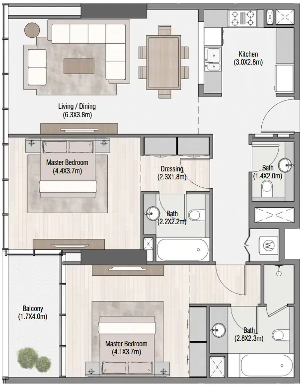 South Living 2 bed floor plan, 1,336 sqft