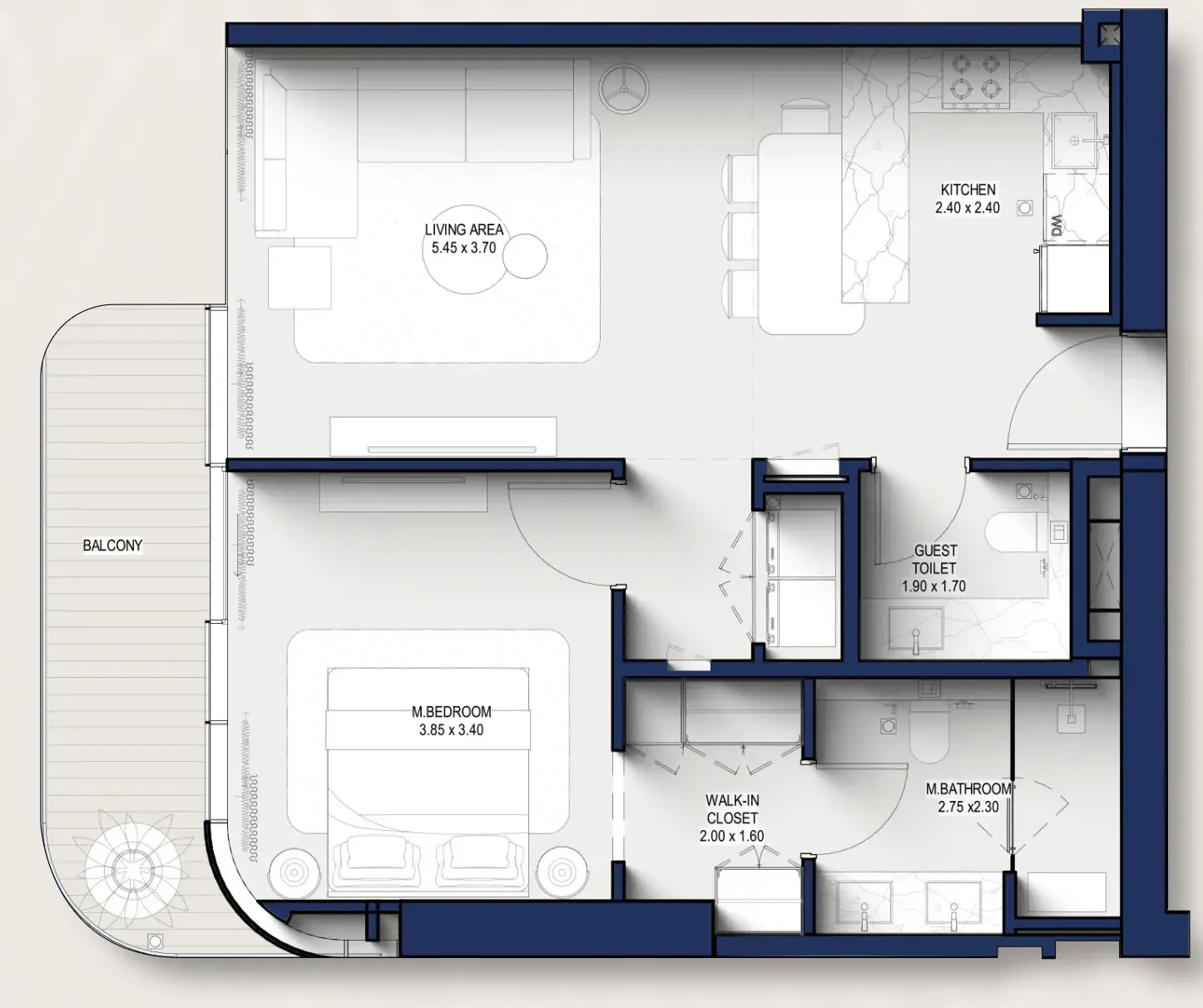 Hilton Residences 1 bed floor plan, 803 sqft