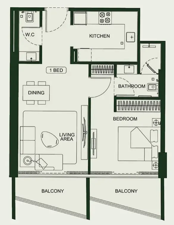 Binghatti HillCrest 1 bed floor plan, 682 – 713 sqft