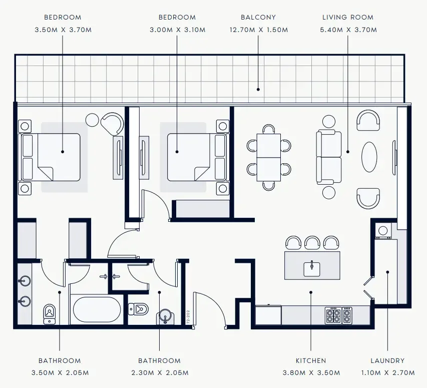Riviera Rêve 2 bed floor plan, 1,245 – 1,281 sqft
